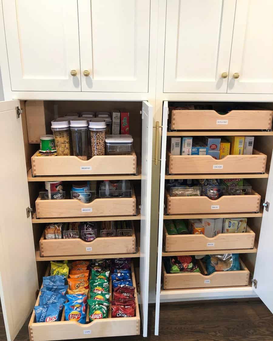 Kitchen pantry with labeled pull-out wooden drawers, neatly organizing snacks, dry goods, and pantry essentials for easy access