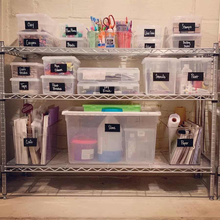 Organized art supplies on metal shelving