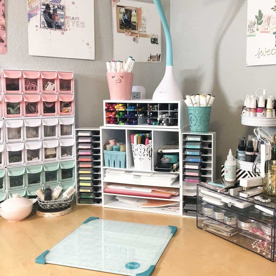 Well organized craft desk with various storage units