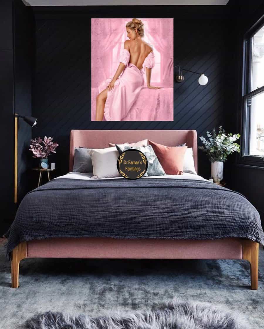 Stylish bedroom with pink art and dark walls