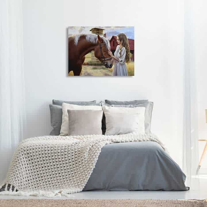 Serene bedroom with horse painting and neutral tones