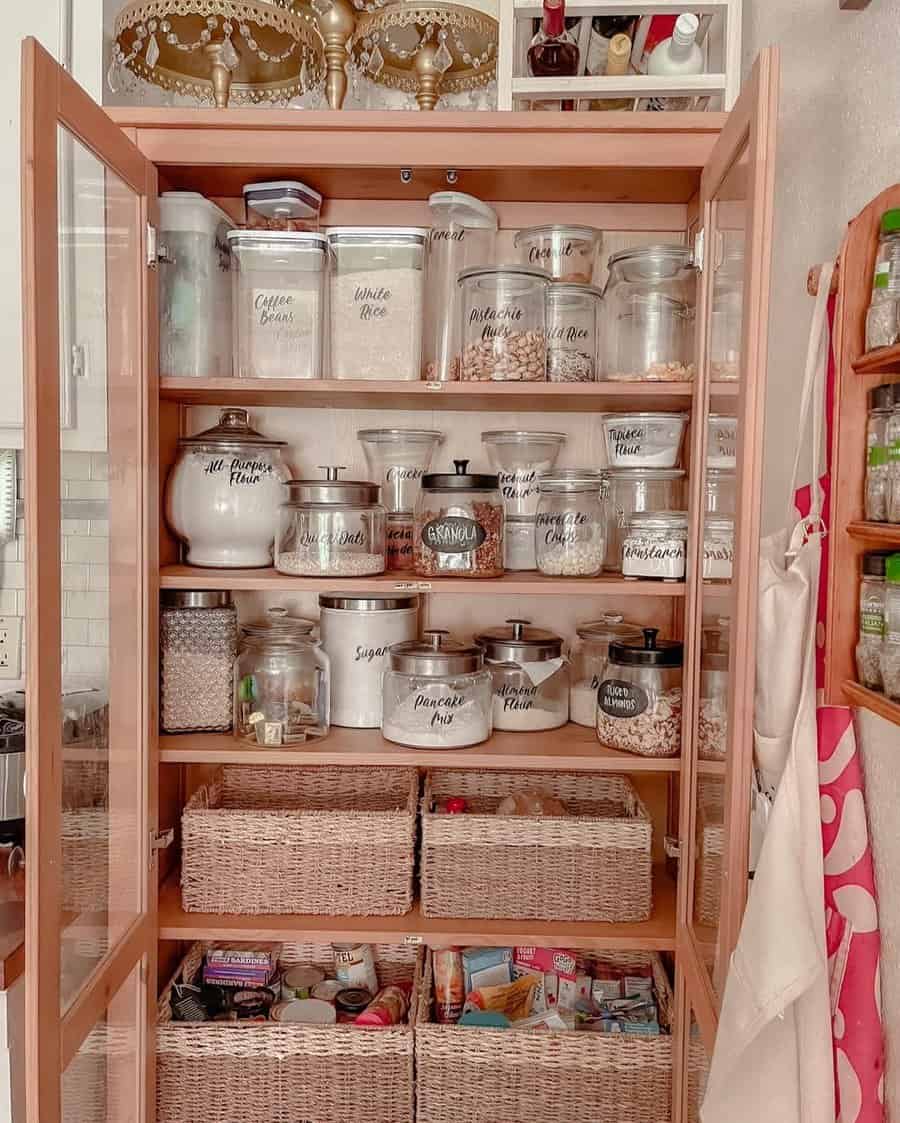 Beautifully organized pantry with labeled glass jars, woven baskets, and neatly stored dry goods for a stylish and functional kitchen space