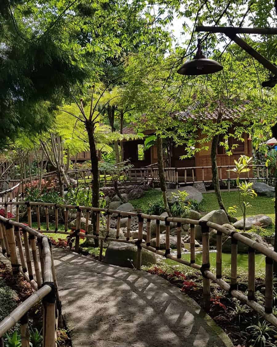 A bamboo walkway winds through a lush garden with tall trees, plants, and a wooden cabin in the background