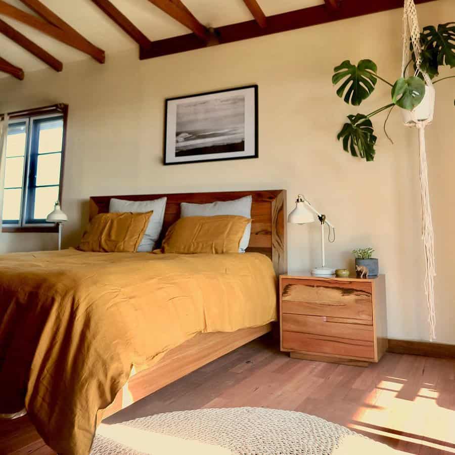 Rustic bedroom with hanging plants