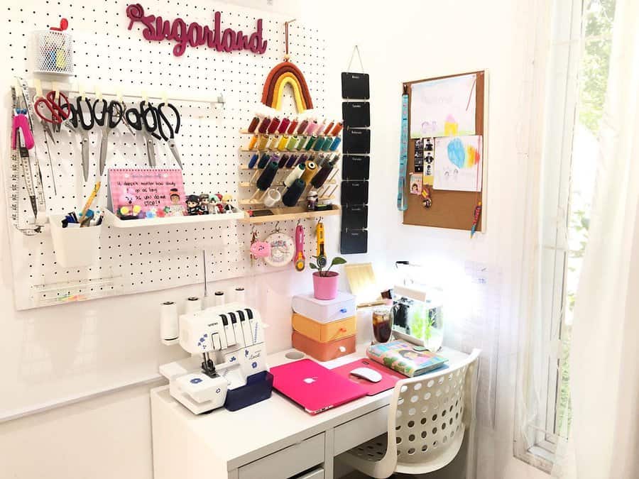 Bright sewing station with pegboard for tools