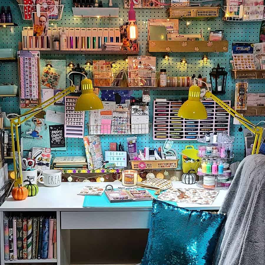 Colorful craft area with pegboards and vibrant lighting