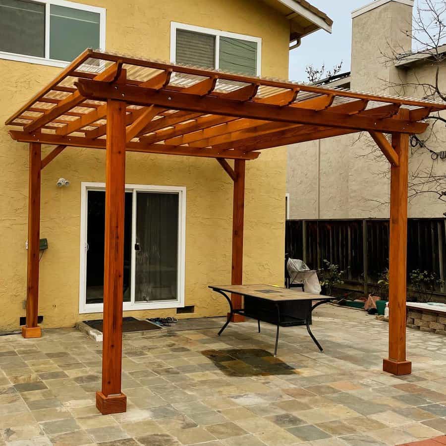 Patio with wooden pergola and flagstone floor