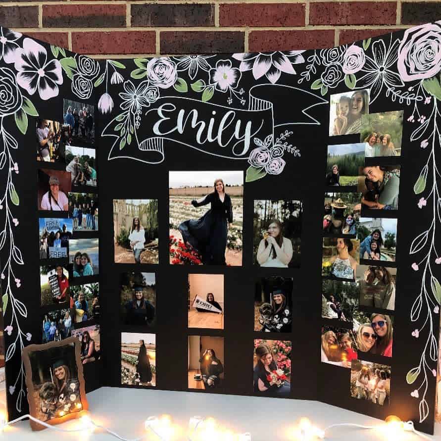 A decorative photo collage board titled "Emily" with various personal photos, floral designs, and string lights at the base