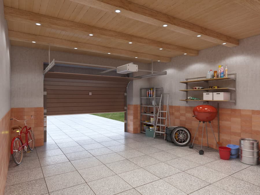 Garage with wooden ceiling and bike