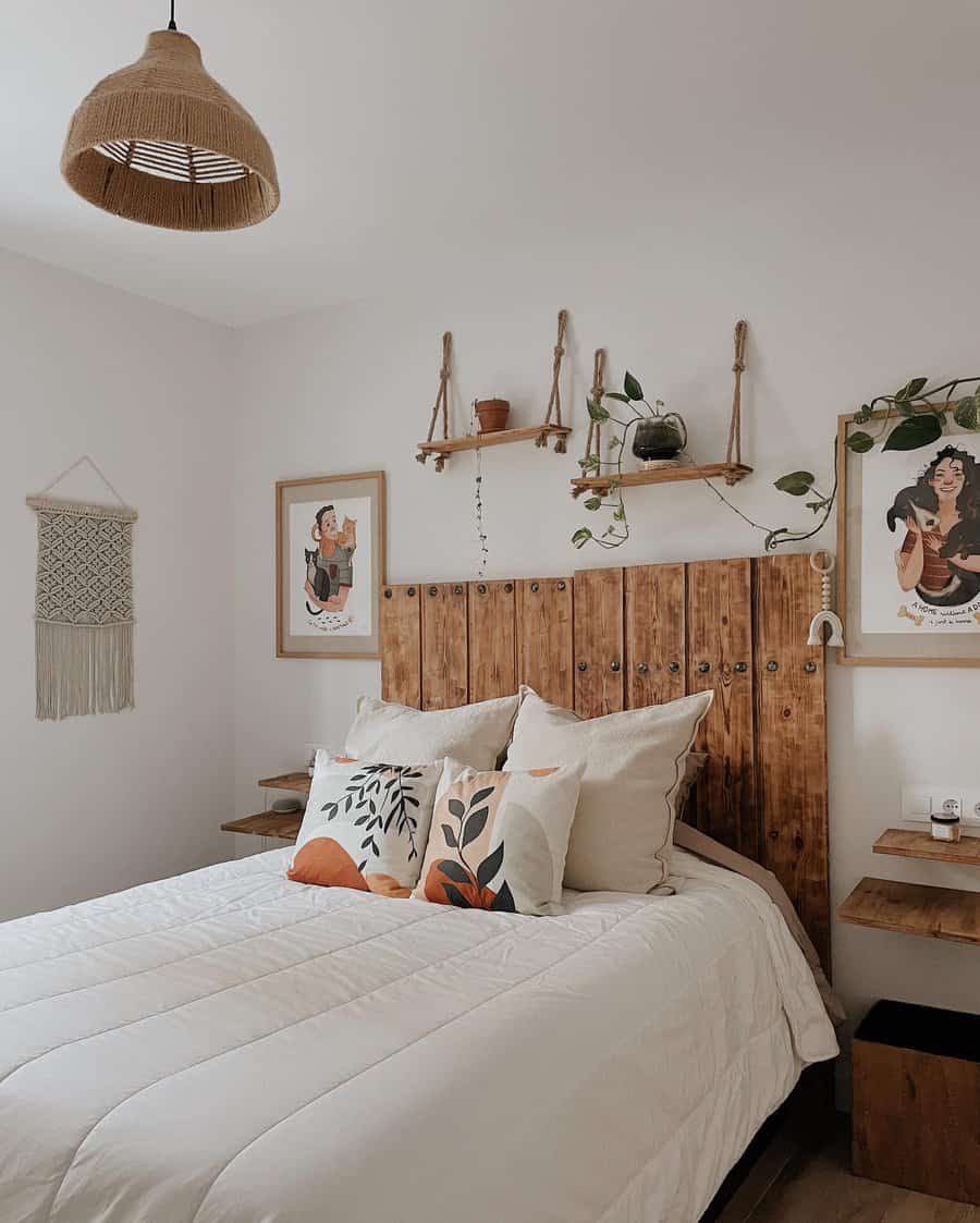 Bohemian bedroom with wooden headboard and hanging plants