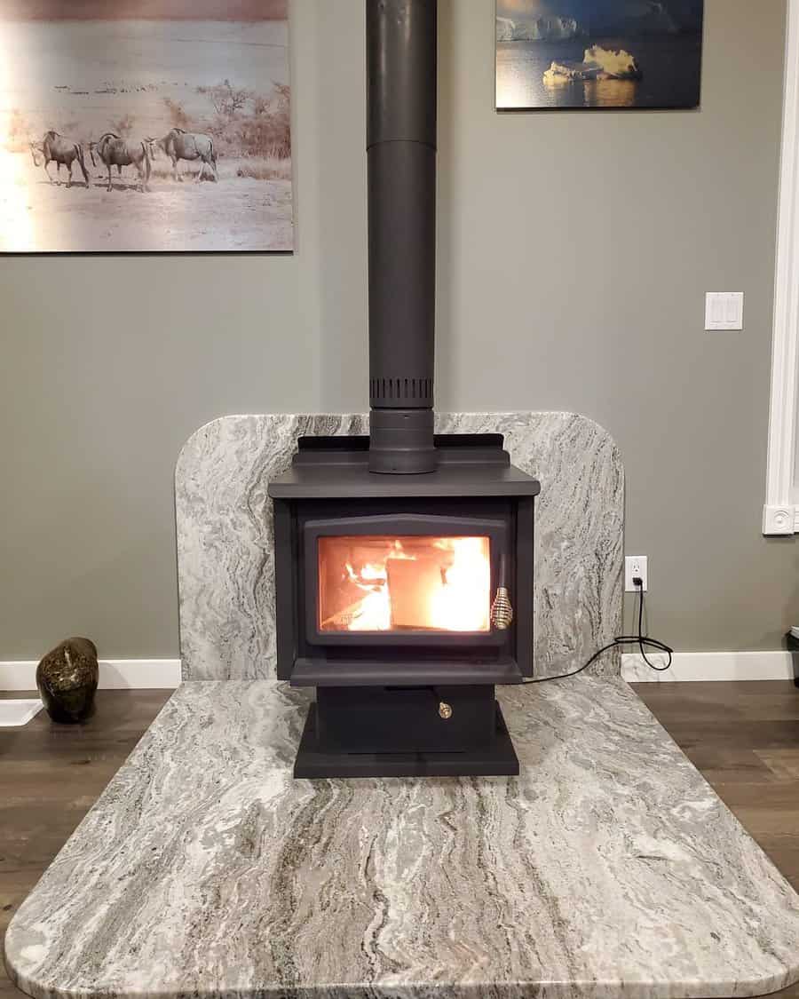 Freestanding wood stove on a polished marble hearth with a curved backsplash, creating a sleek and modern focal point in the living space.