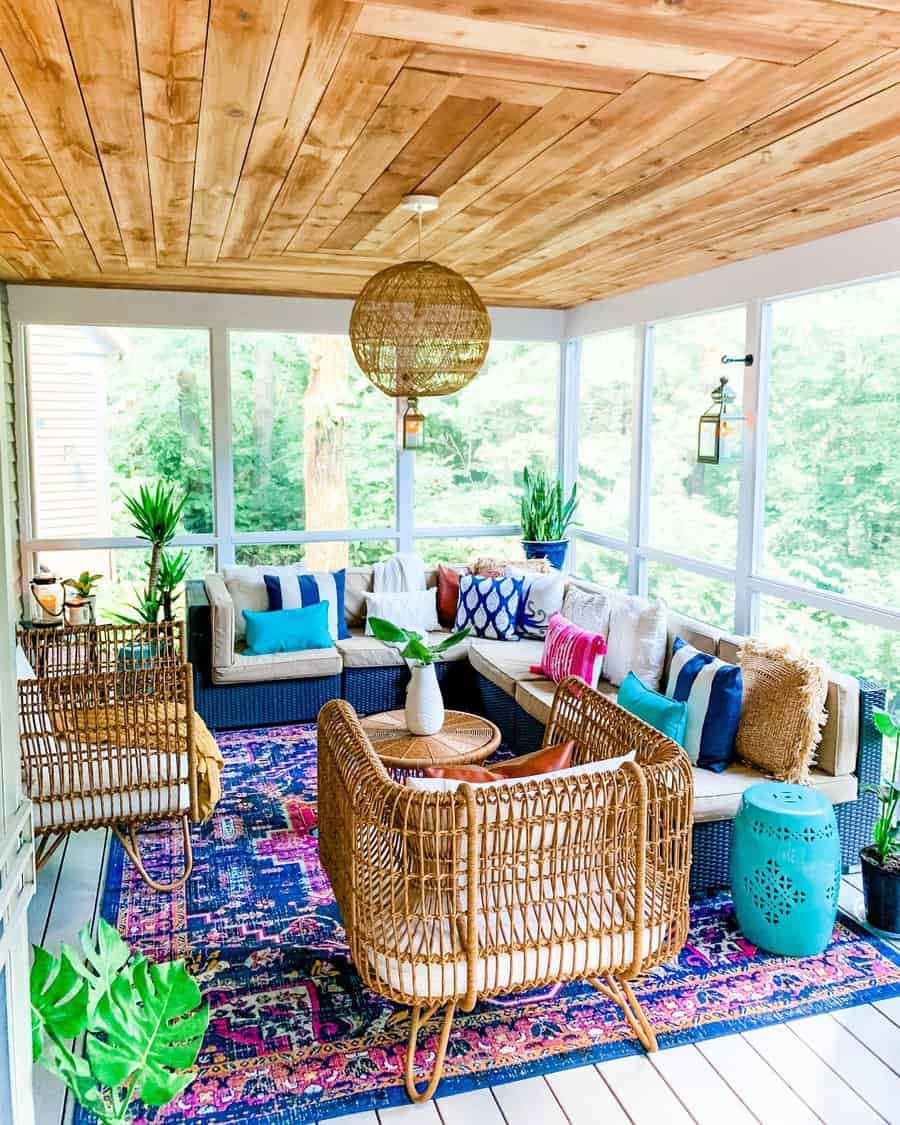 patio with woven chairs 