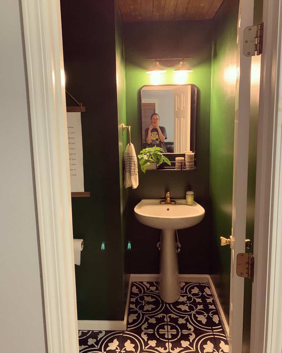 Half bathroom with mirror shelf