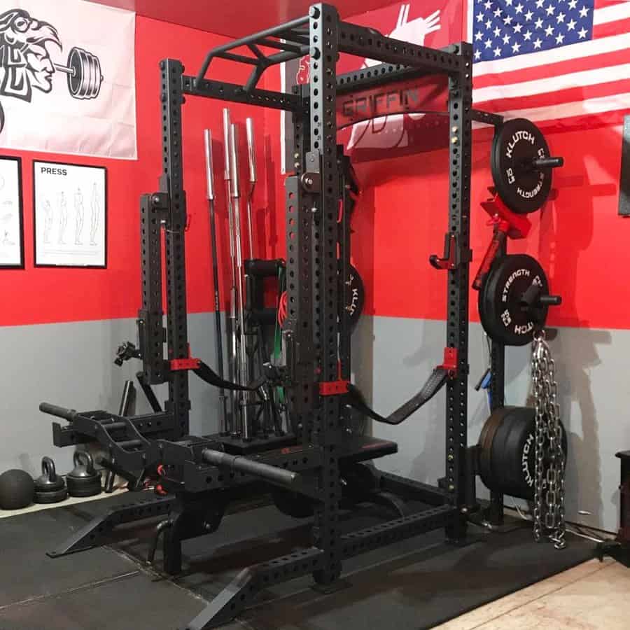 garage gym with red walls
