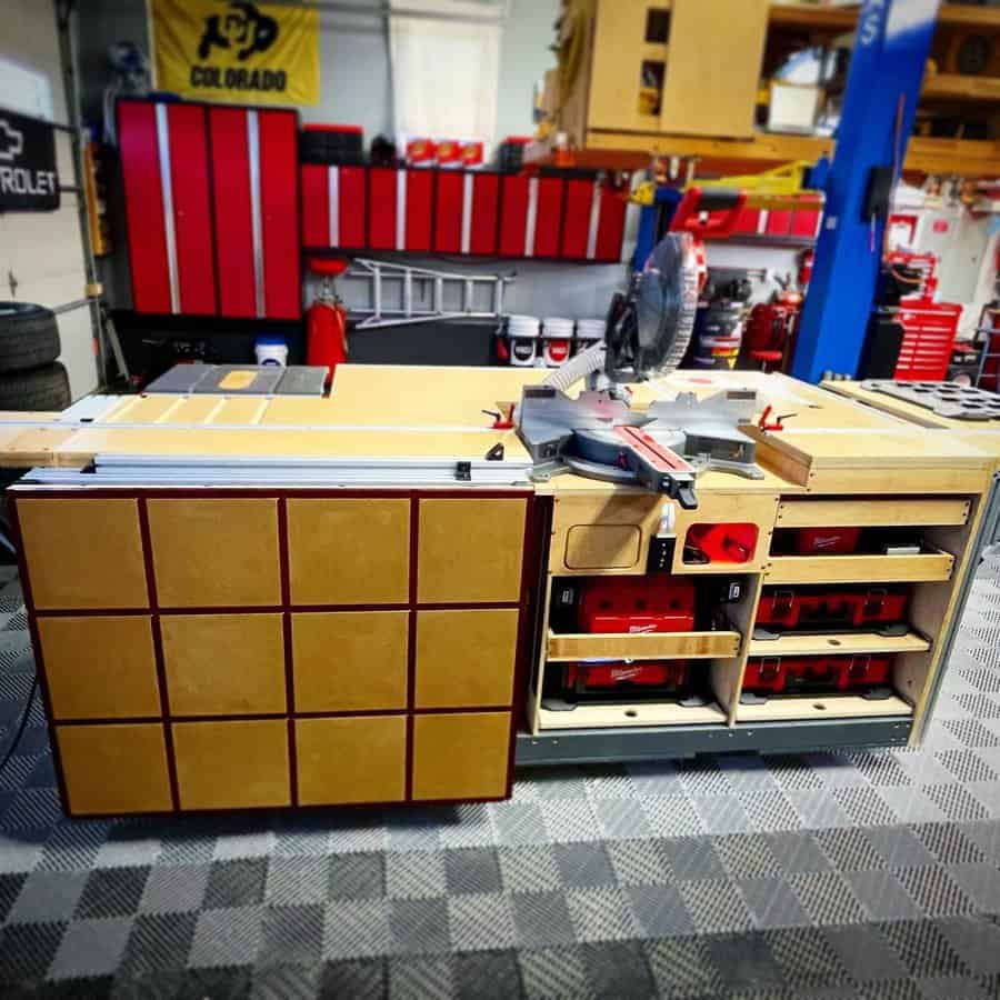 Colorful workbench with storage and table saw in garage