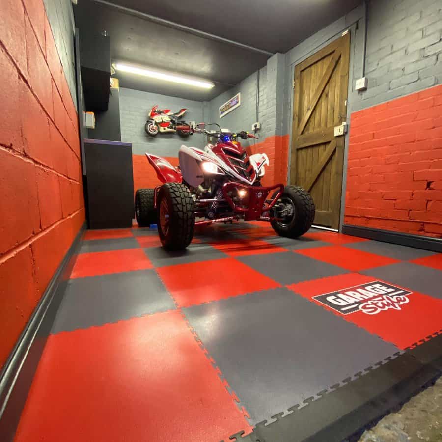 raptor garage with red and grey walls