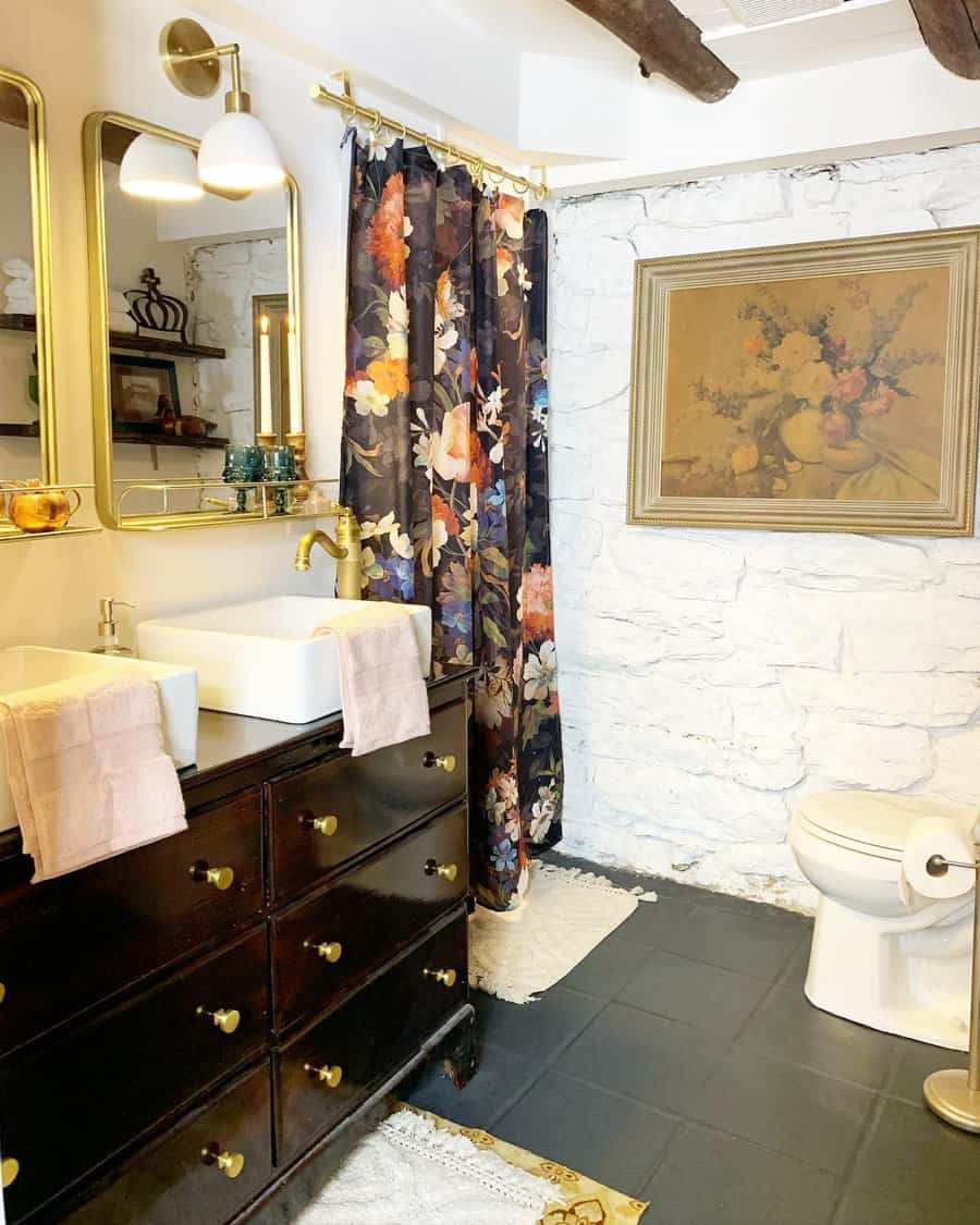 Basement bathroom with floral shower curtain