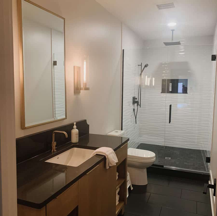 Basement bathroom with dark flooring