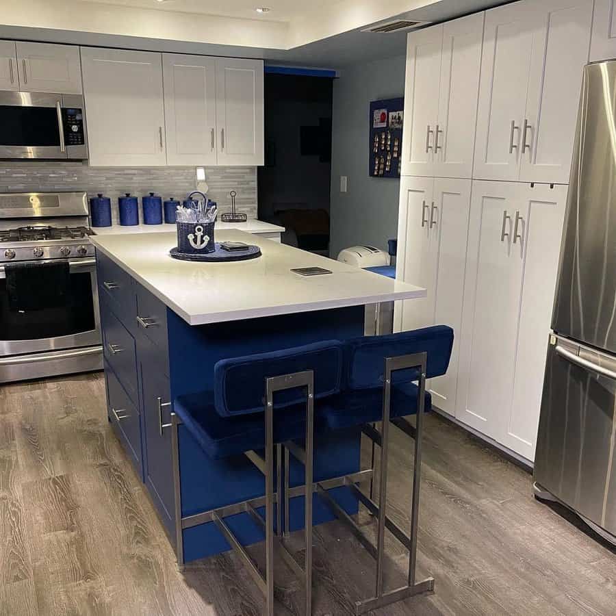 modern kitchen with blue kitchen island