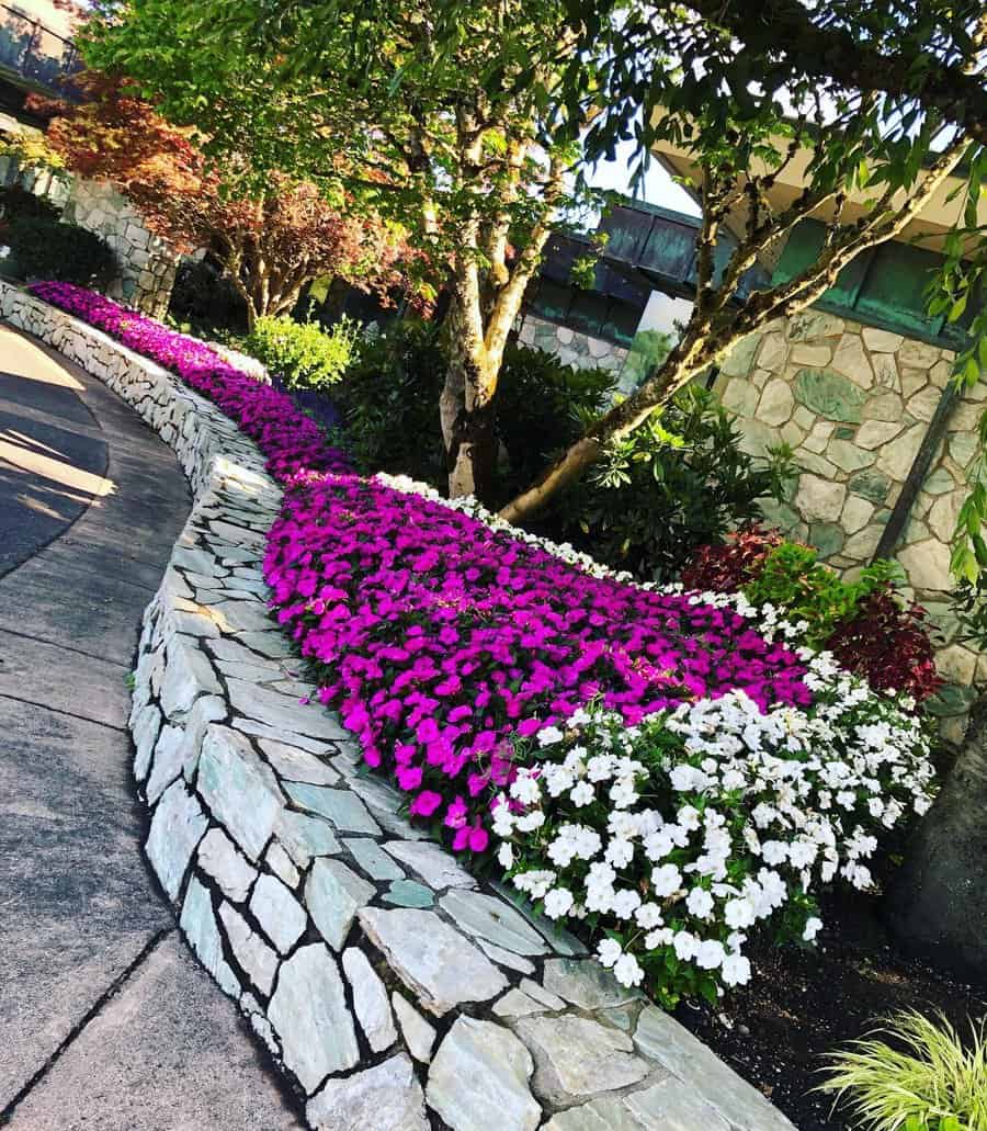 Elegant flower bed lined with natural stone, featuring vibrant magenta and white blooms cascading along a curved pathway. Mature trees and lush greenery create a balanced, low-maintenance landscape with a timeless appeal.