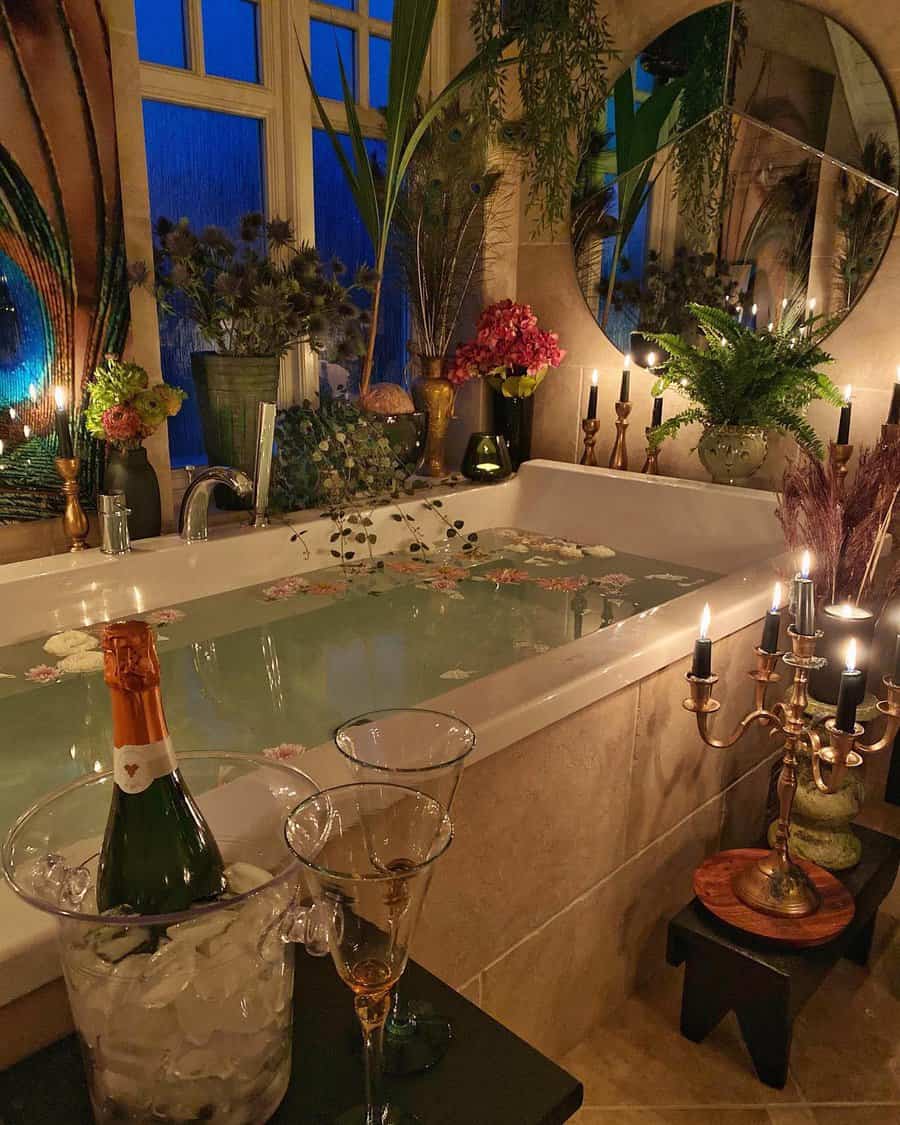 Luxurious bathroom with a marble tub filled with water and petals, surrounded by candles, plants, and a champagne bottle on ice