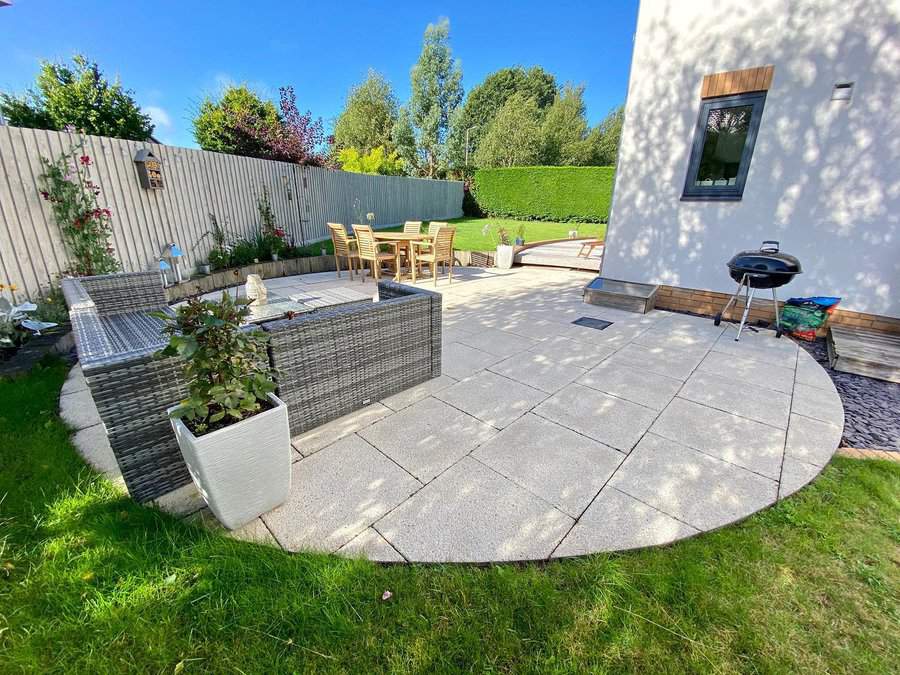 Modern garden patio with seating and dining area