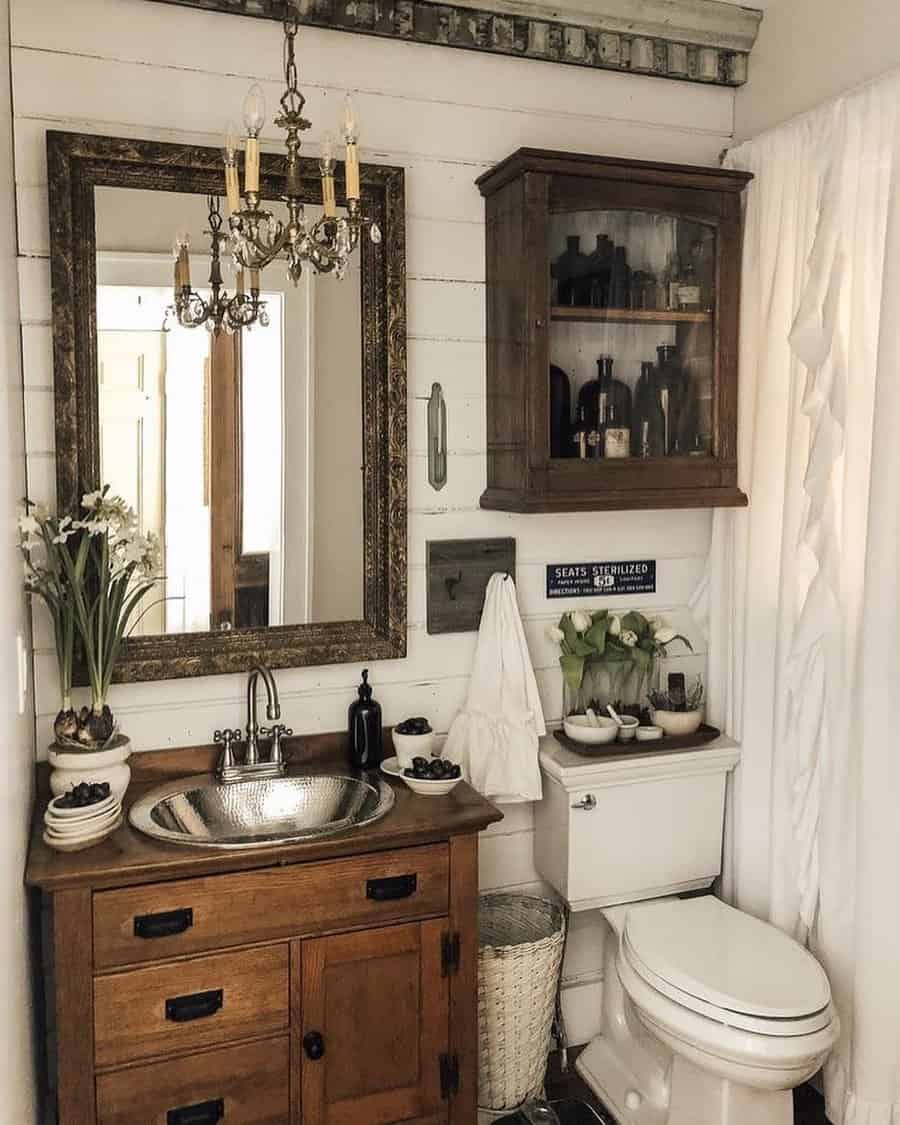 Rustic bathroom with wooden accents and vintage lighting 