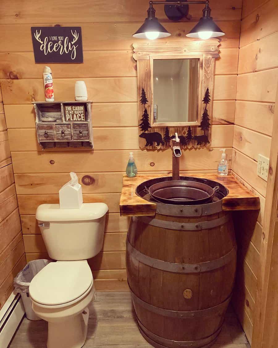 Rustic bathroom with wooden accents and vintage lights