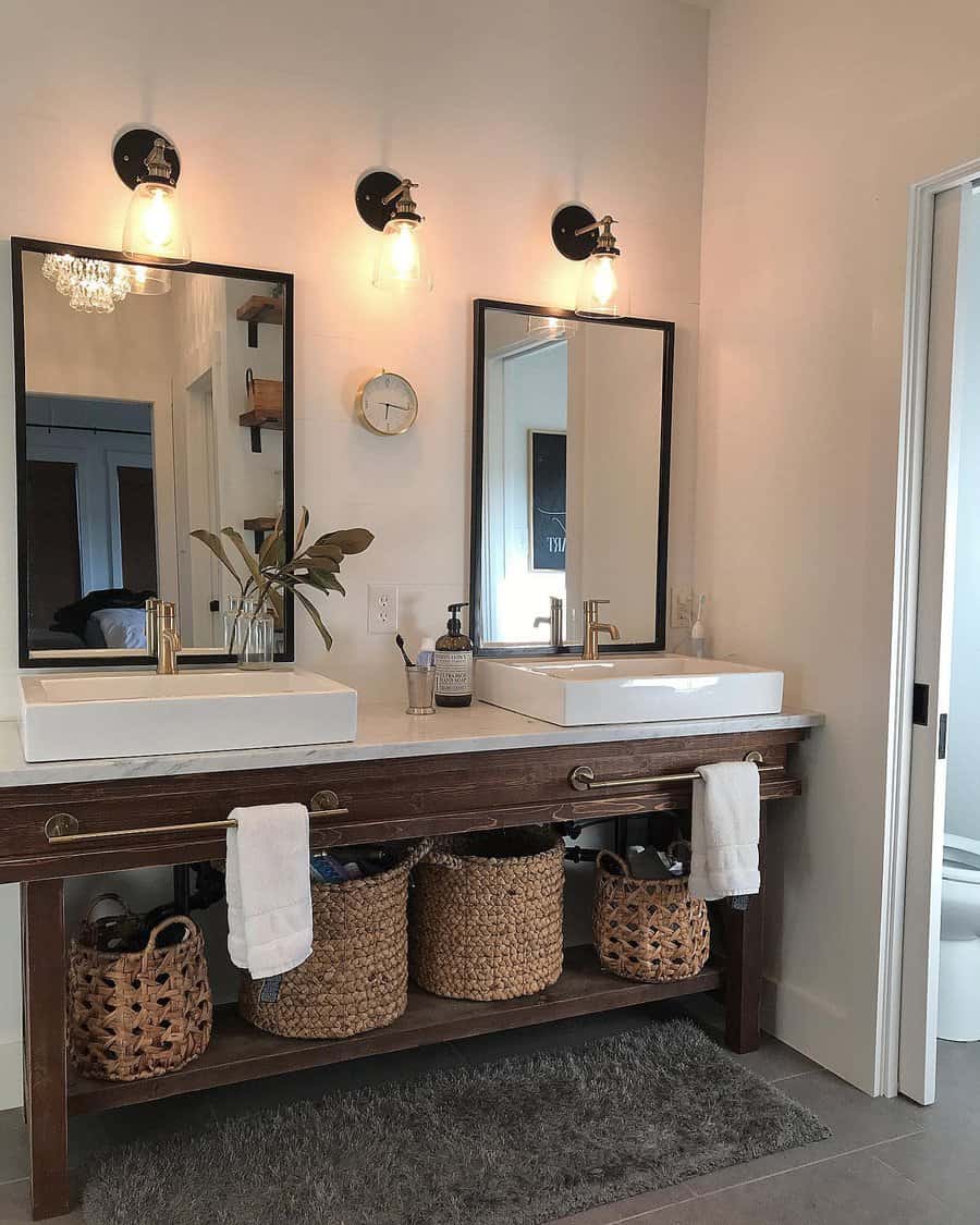 rustic bathroom vanity with dark oakwood shelf and baskets
