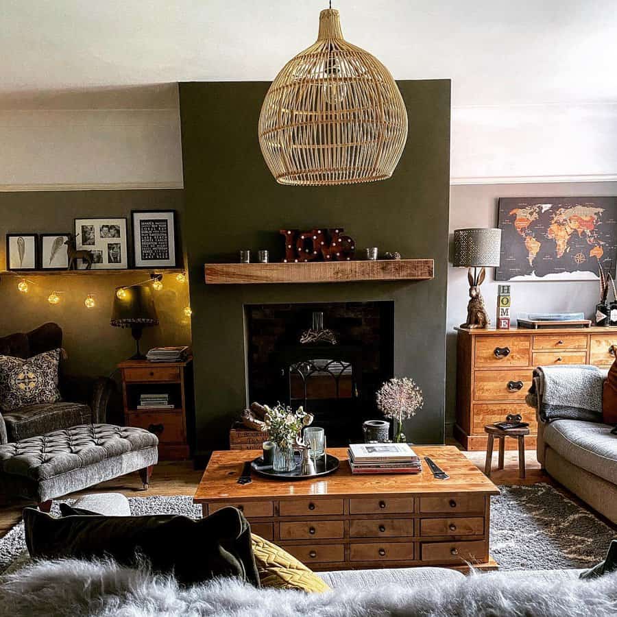 Eclectic living room with a bold accent wall and global decor