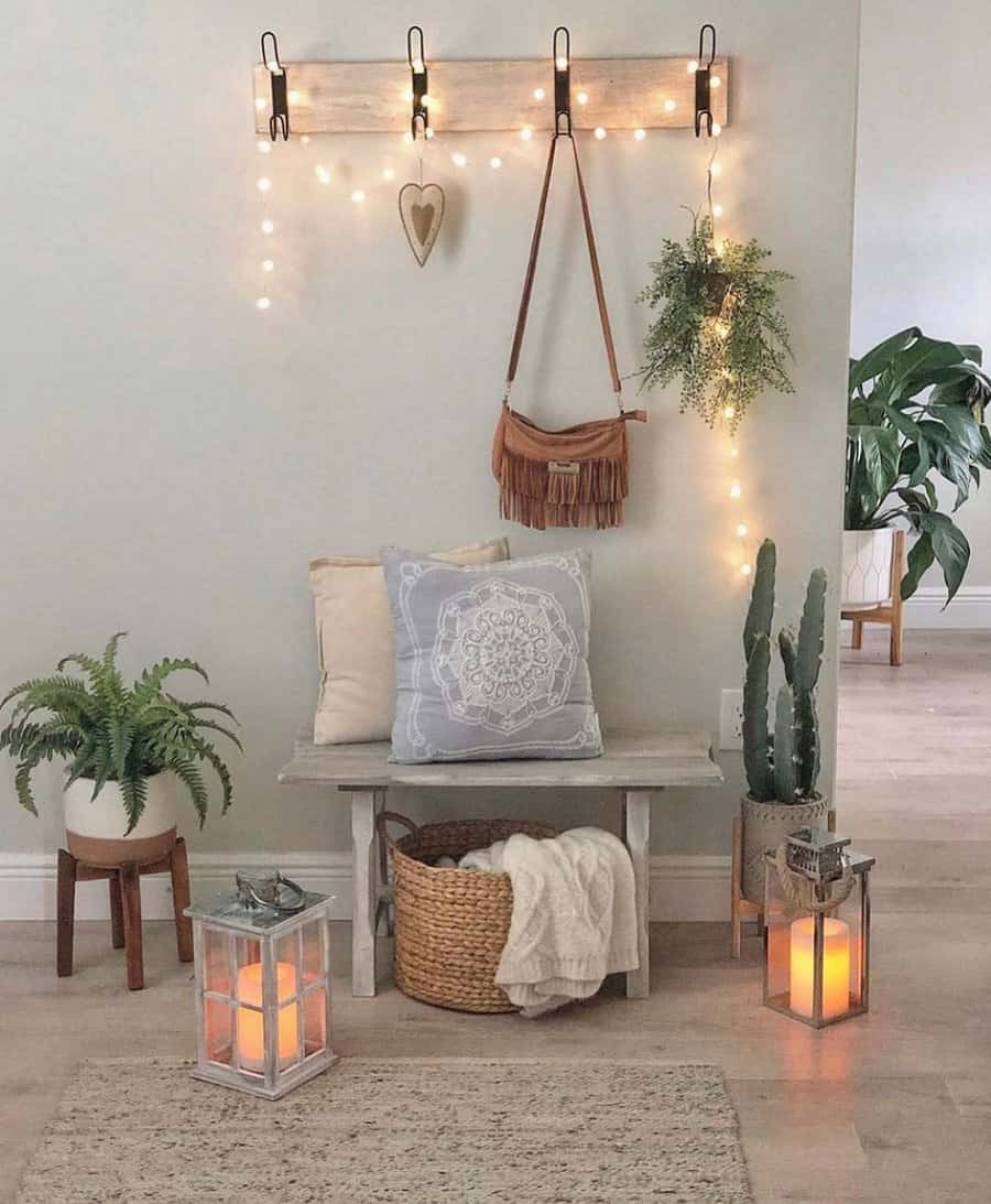 Whitewashed entryway bench with area rug