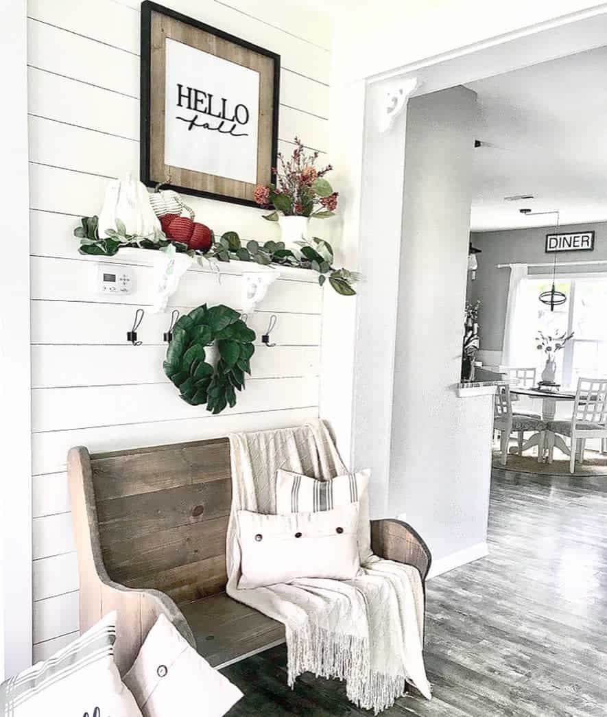 white washed entryway bench