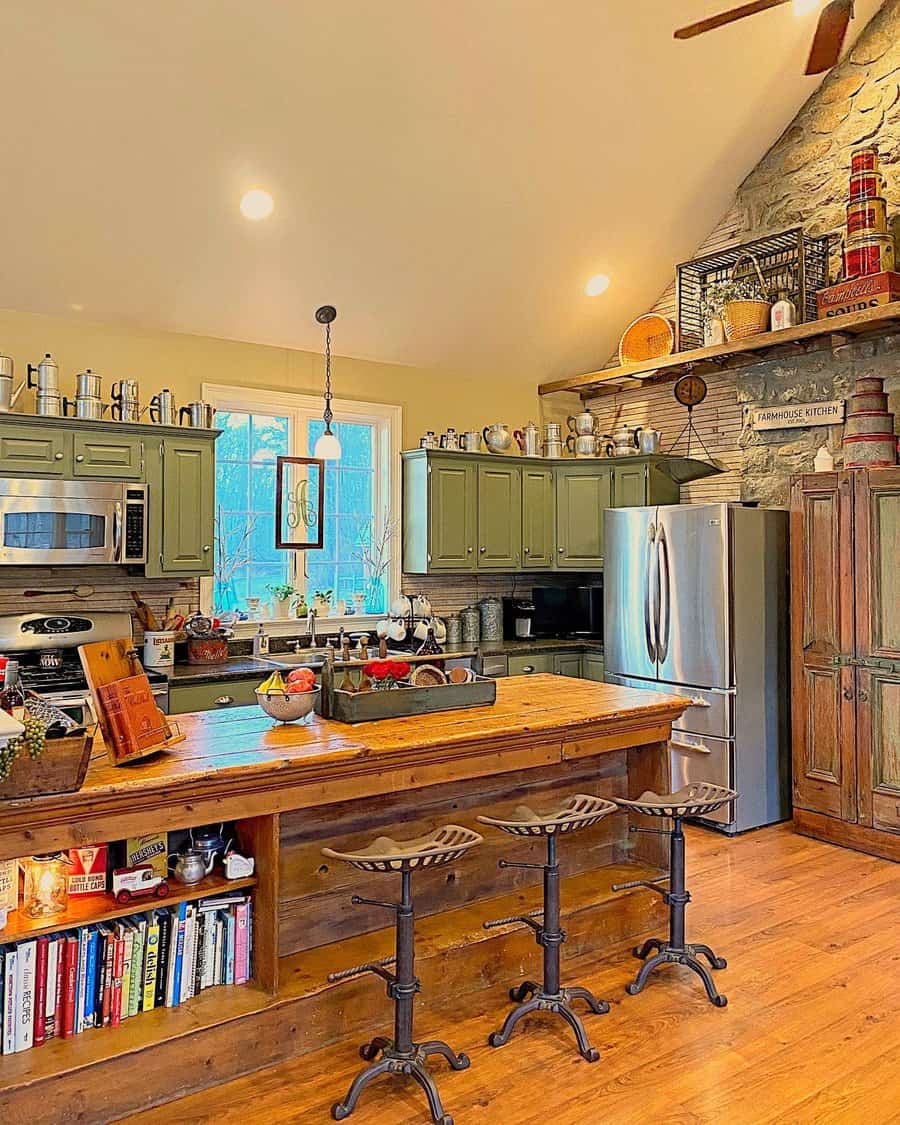 farmhouse kitchen with kitchen island bookshelf