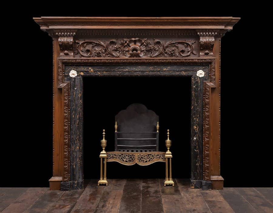 fireplace mantel with Victorian-style carvings