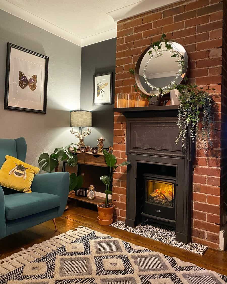 exposed bricks fireplace surround