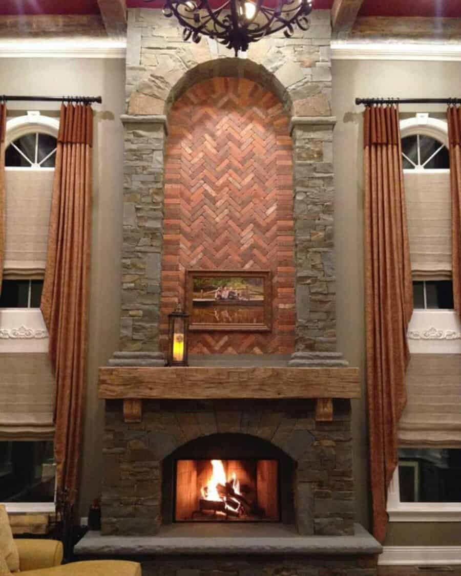 Stamped stone fireplace wall