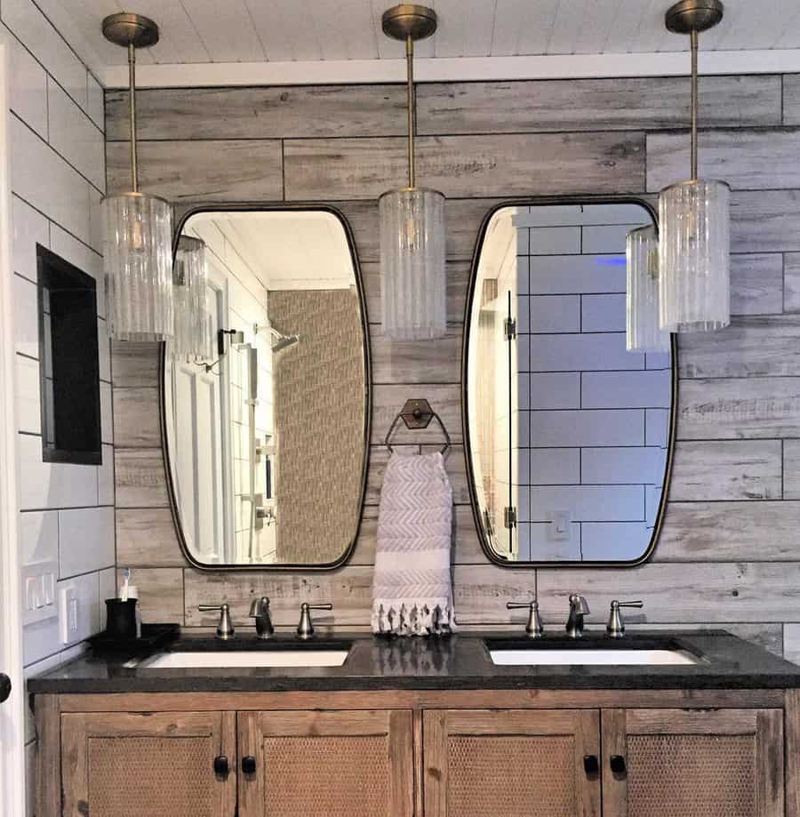 Grey bathroom with wood accents