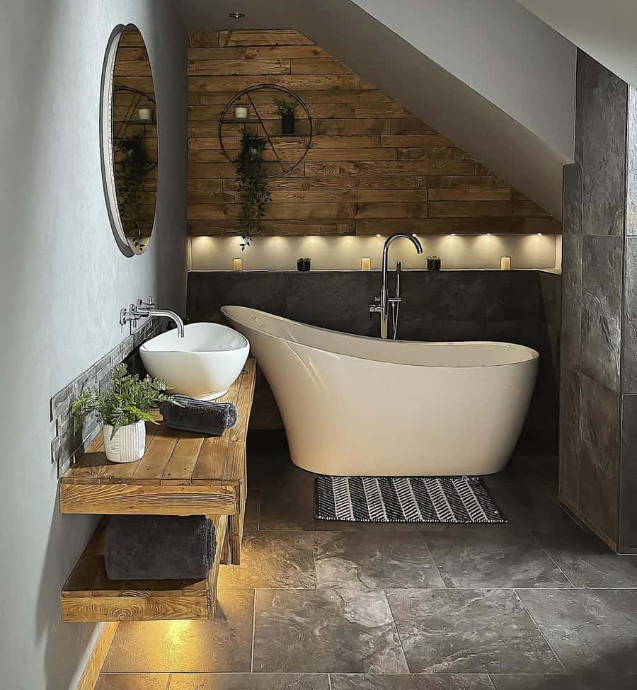 Grey bathroom with wood accents