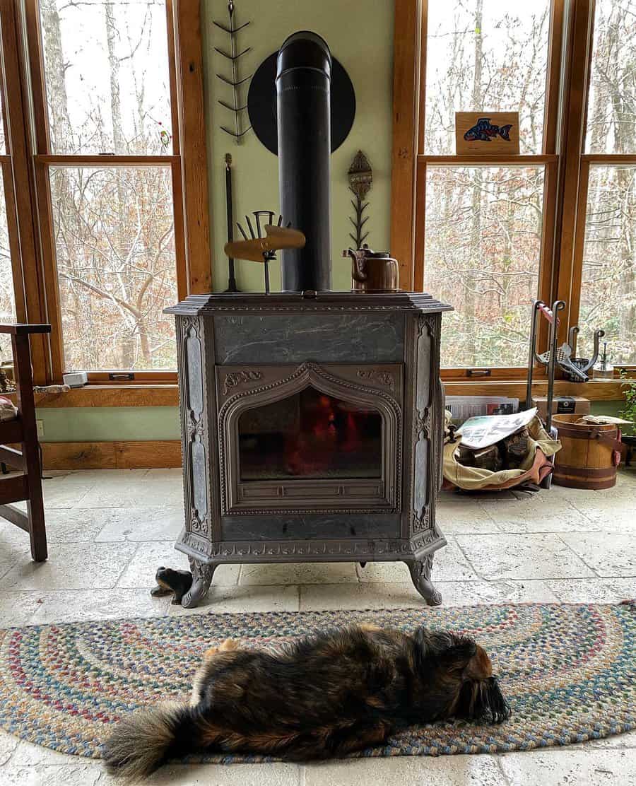 Vintage cast iron wood stove in a cozy sunroom with rustic decor, surrounded by large windows and a relaxed cat on a woven rug.