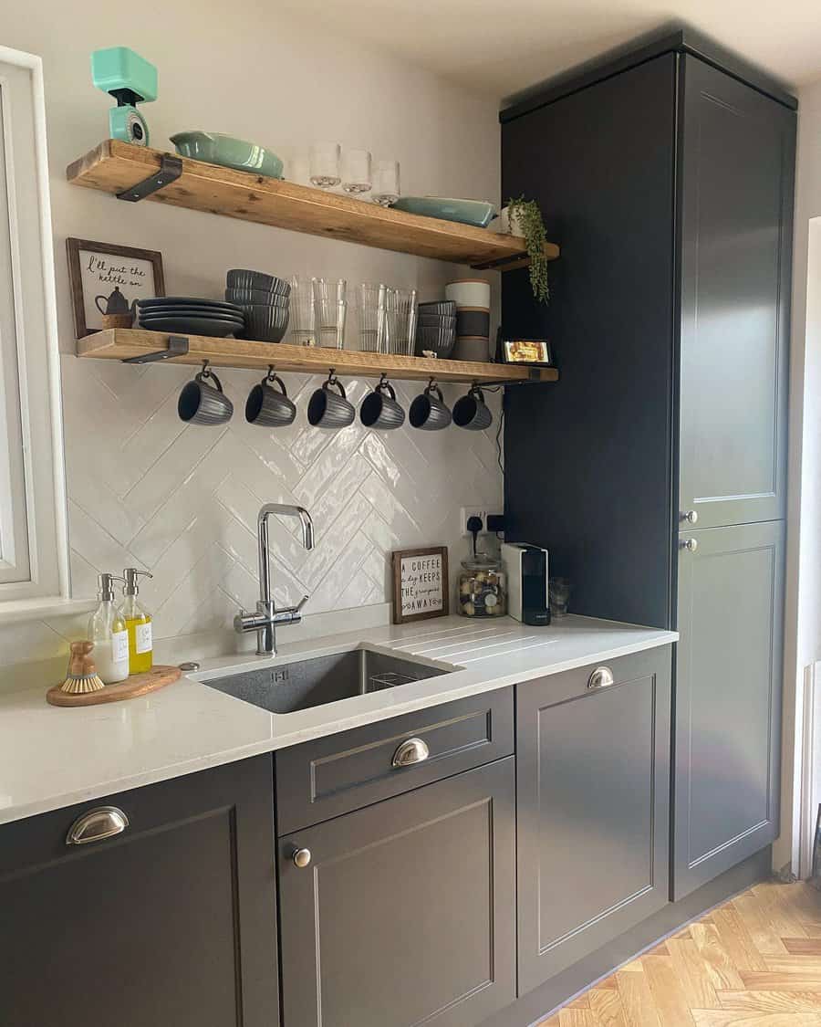 small galley kitchen with wall shelves