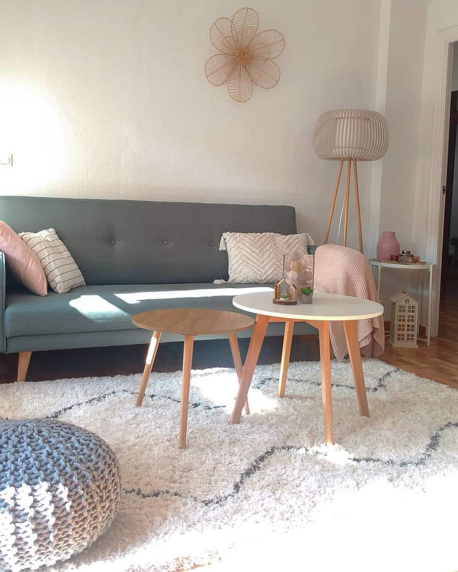 Bright Scandinavian tiny living room with a sleek gray sofa, wooden tables, soft pastel accents, a textured rug, and warm natural lighting