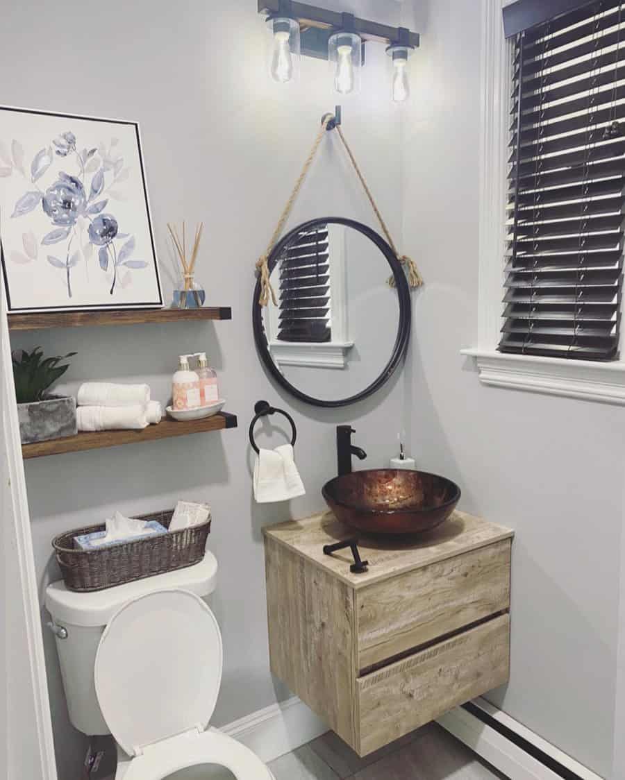 Half bathroom with toiletries on the shelf