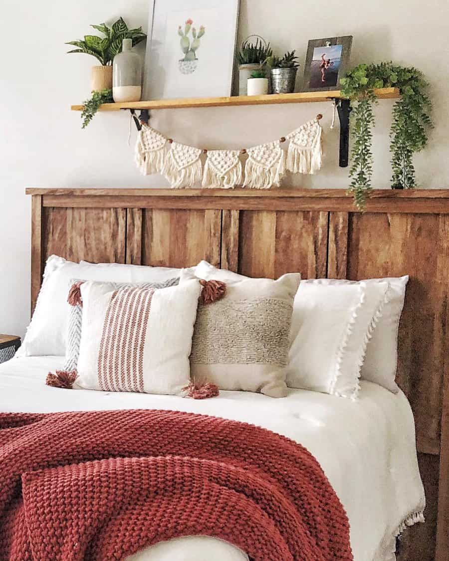 Bedroom floating shelves above the bed