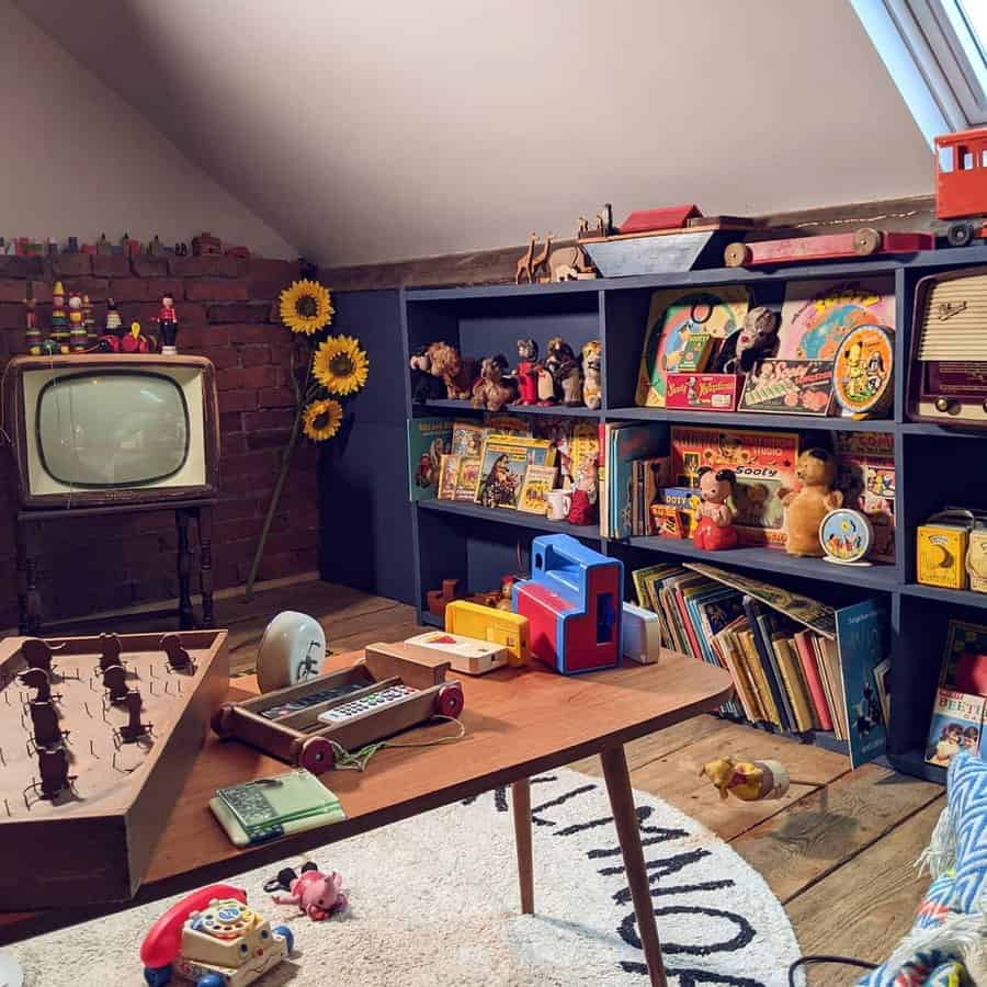 Cozy attic playroom with vintage toys, books, and collectibles displayed on navy blue shelves, featuring a retro TV and wooden decor.