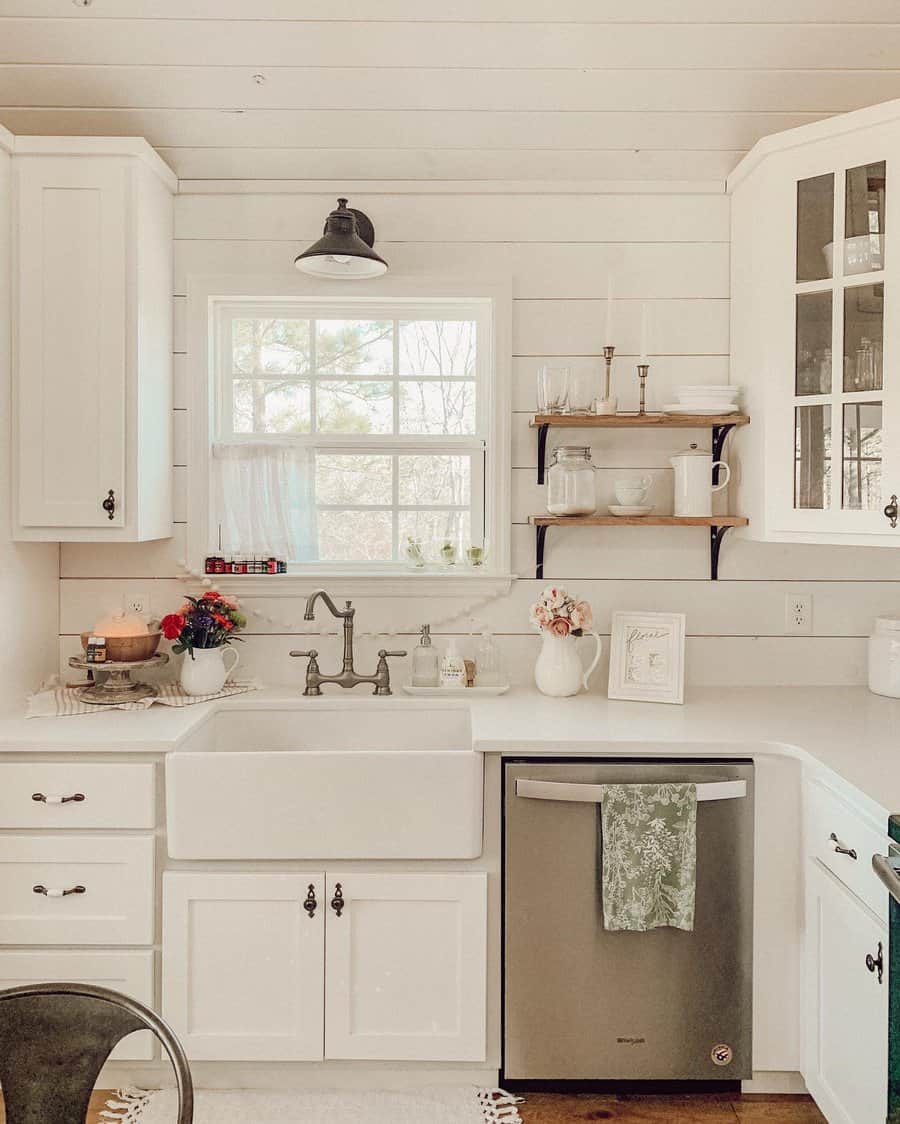 farmhouse kitchen with shiplap walls