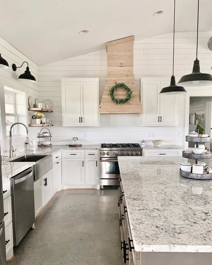 Farmhouse kitchen with shiplap walls