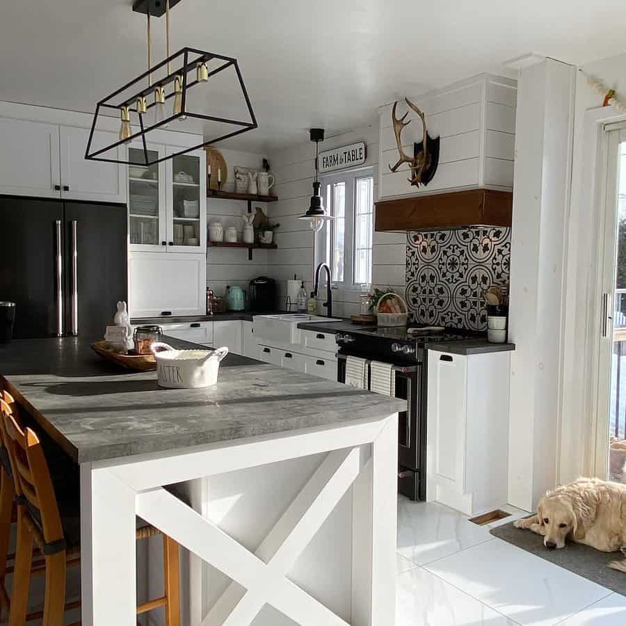 farmhouse kitchen with shiplap walls