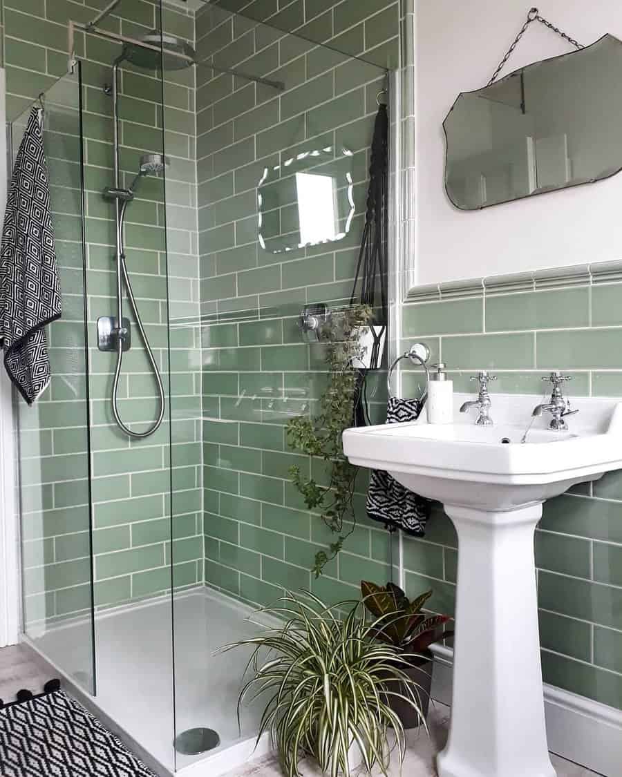 Green beveled subway tiles