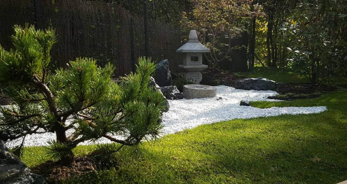 A zen garden with a small pine tree, stone lantern, rocks, and white gravel, surrounded by greenery and a fence