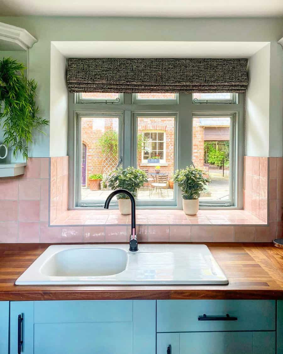 Sunny single kitchen sink with blue cabinets, wooden countertop, plants on window ledge, and an outdoor view of a brick building